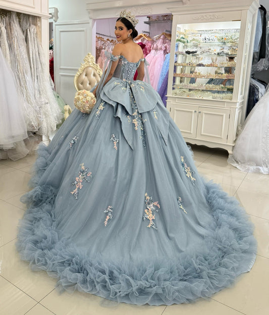 Gorgeous Ball Gown Tulle Ruffled Blue Quinceanera Dresses Off Shoulder Party Gowns HE1231