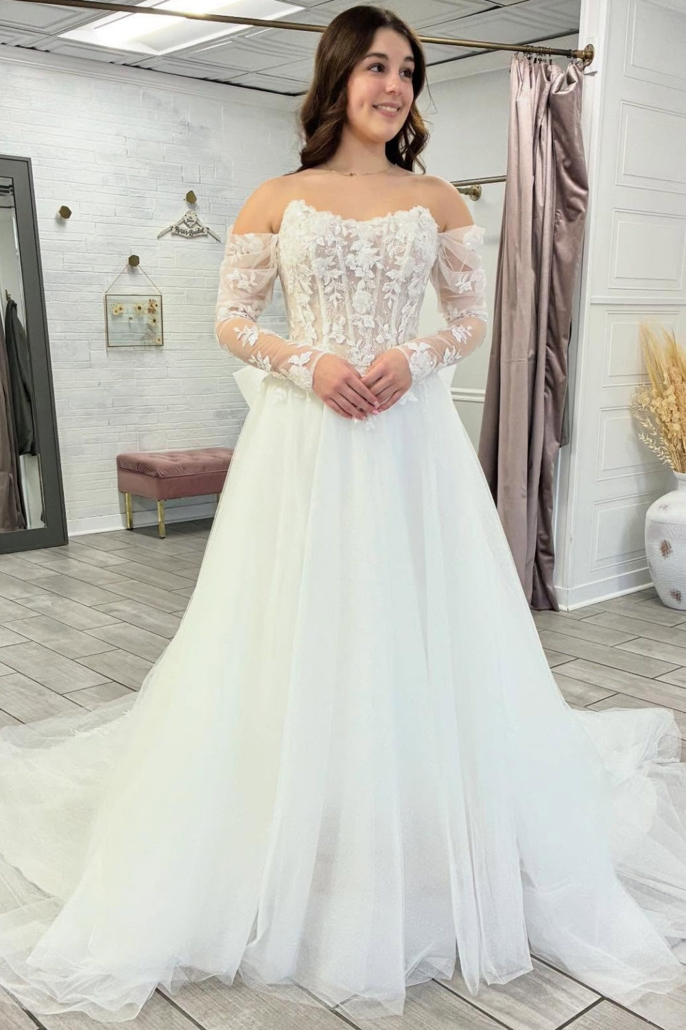 boho lace tulle maxi dress A Line Wedding Dresses Appliqued Long Sleeves Bridal W – Hebebridal EISHOPEER Mens Cotton Linen Plain_Black Size:Size 26W Line Style Fabric