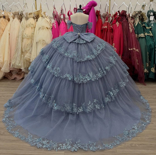 Luxury Ball Gown BLue Quinceanera Dress Tulle Lace Tiered Party Gowns for Sweet 16 HE1281