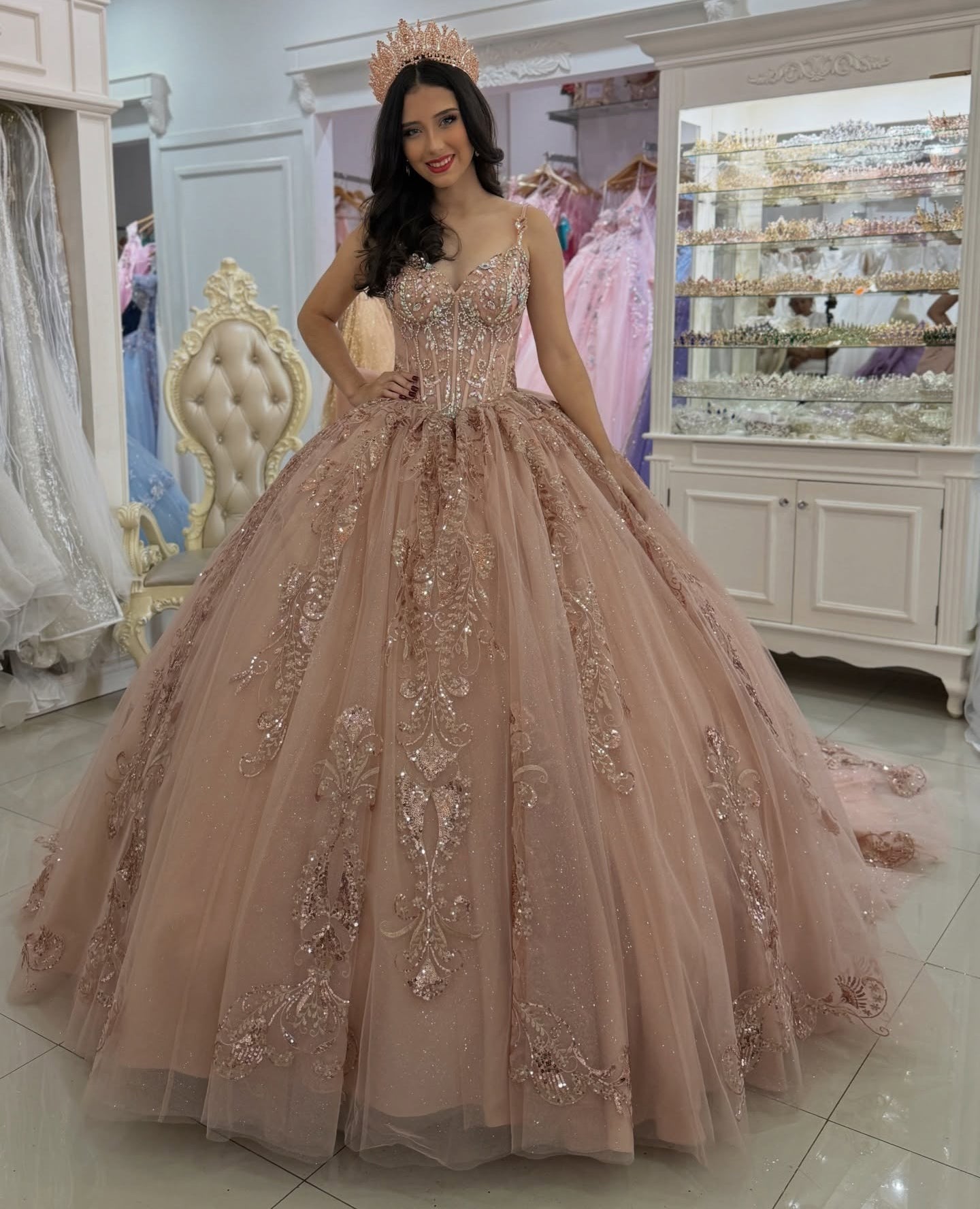 Gorgeous Tulle Lace Sweet 16 Quinceanera Dresses V Neck Crystal Birthday Party Gowns HE1229