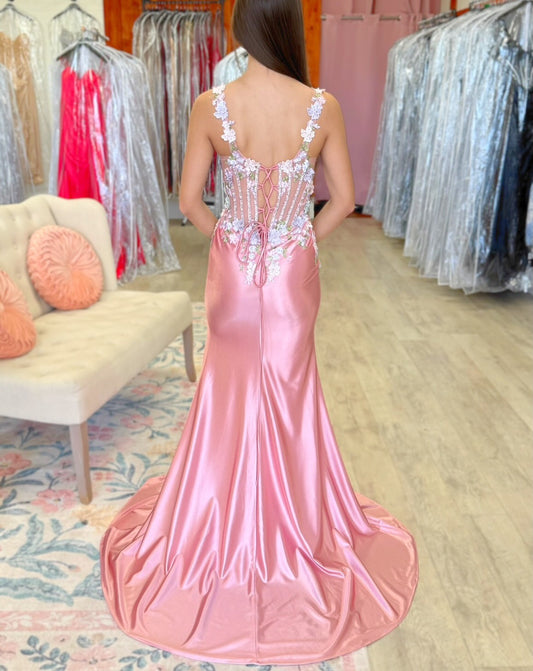 Mermaid Satin 3d Flower Appliqued Corset Long Prom Dresses for Women HE1469