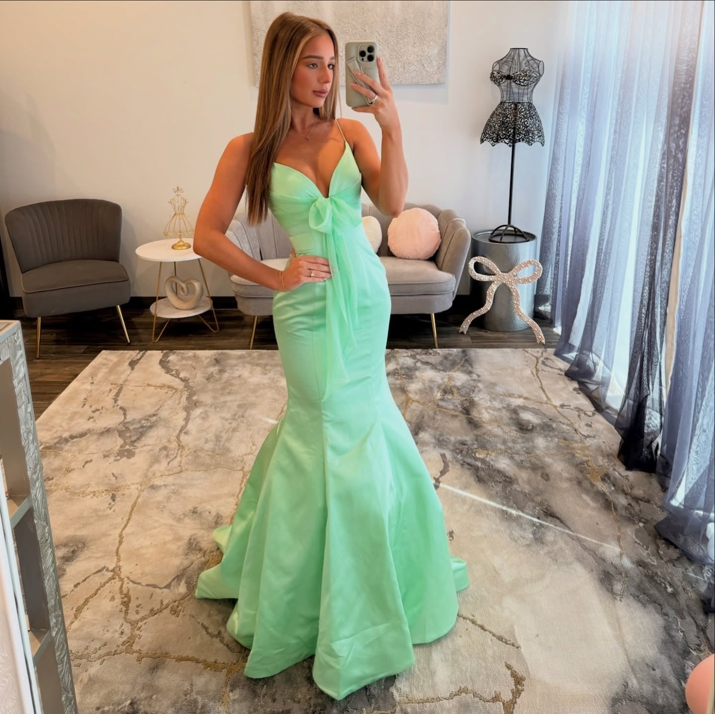 Satin V Neck Mermaid Long Prom Dresses Pleated Spaghetti Straps Evening Gowns HE1371
