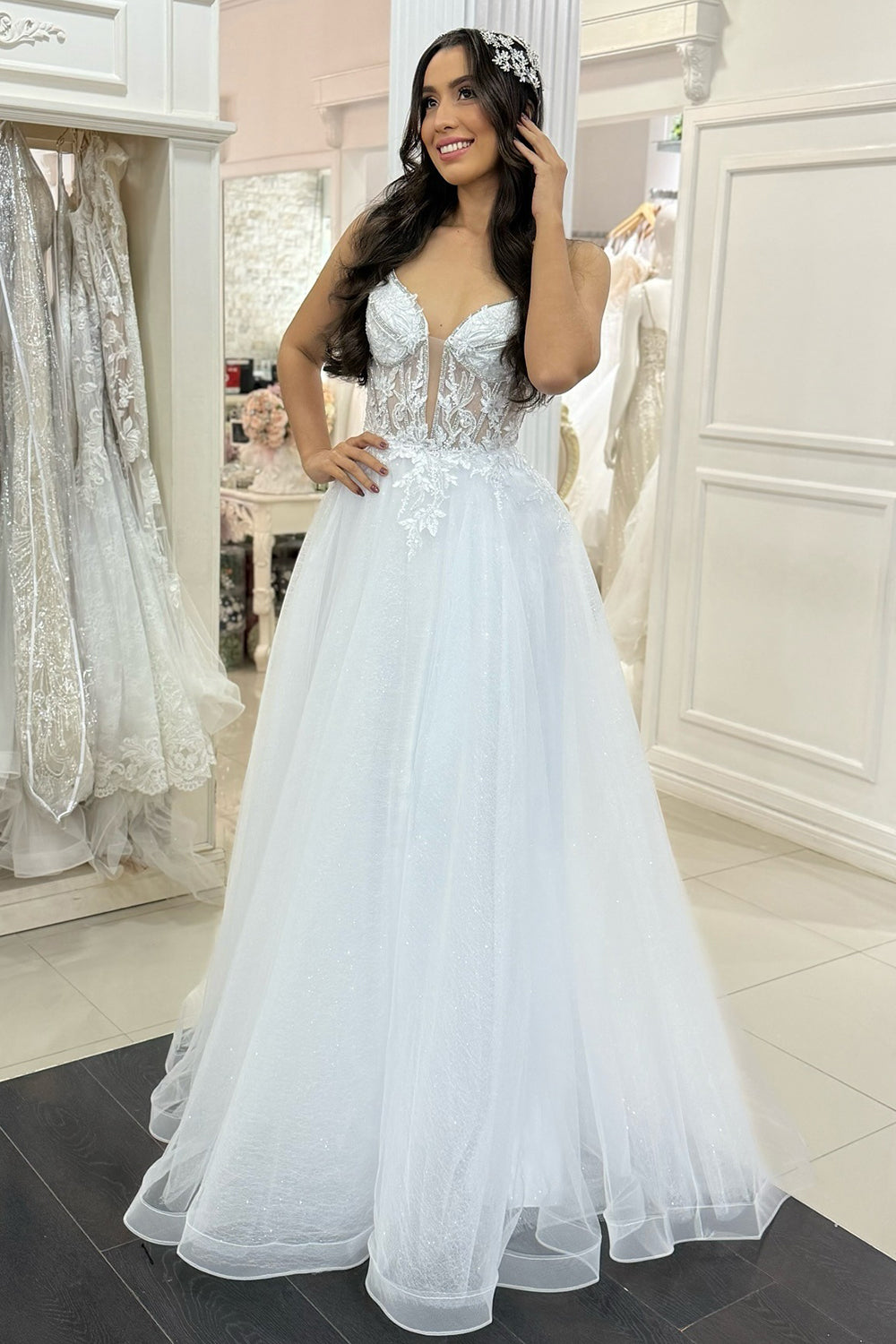 A Line V Neck Tulle Appliqued Wedding Dresses Plus Size Bridal Wedding Gowns for Women HE1063