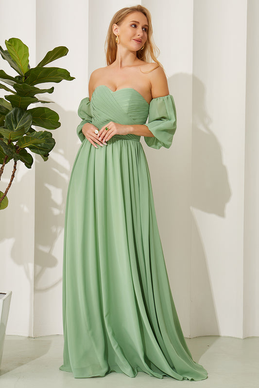 Women's A Line Sweetheart Chiffon Pleated Bridesmaid Dresses Long with Sleeves HE697