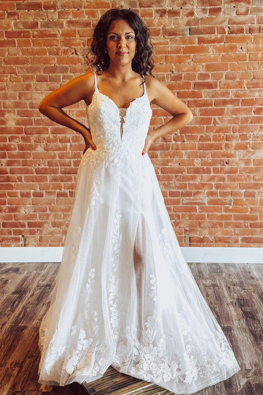 A Line Beach Wedding Dresses for Women Tulle Appliqued Boho V Neck Bridal Gowns HE1128