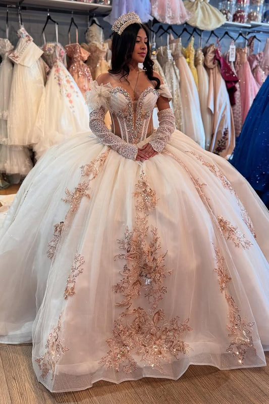 Sweetheart Tulle Lace Appliques Sweet 16 Quinceanera Dresses with Detachable Sleeves HE771