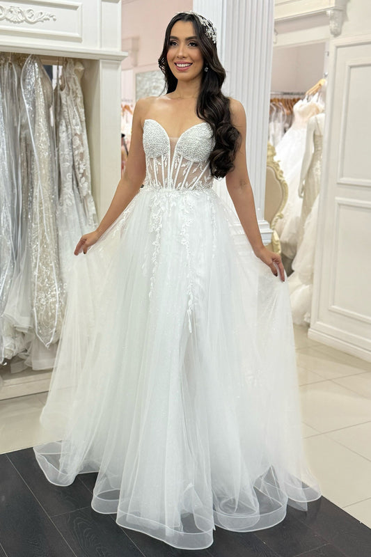 Sweetheart A Line Tulle Appliqued Boho Wedding Dresses Corset Beach Bridal Gowns HE1062