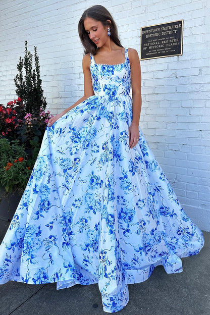 A Line Satin Floral Print Prom Dresses Long Plus Size Evening Party Gowns for Women HE1087