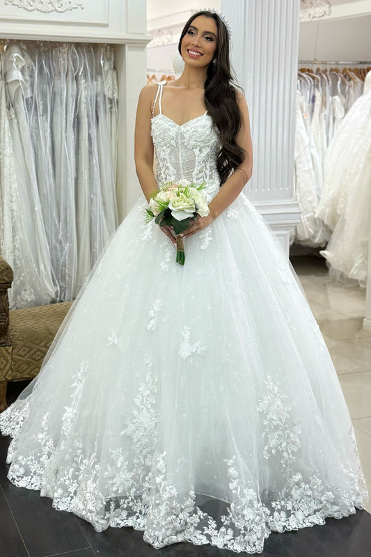 A Line Sweetheart Tulle Lace Appliqued Beach Wedding Dresses for Bride HE987