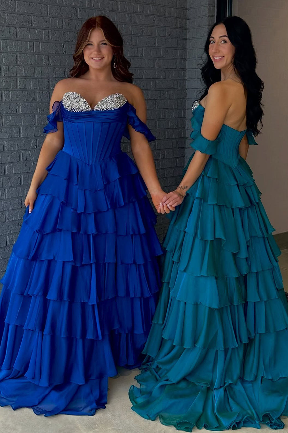 Off Shoulder A Line Chiffon Ruffled Long Prom Dresses Corset Beaded Party Gowns for Women HE1028