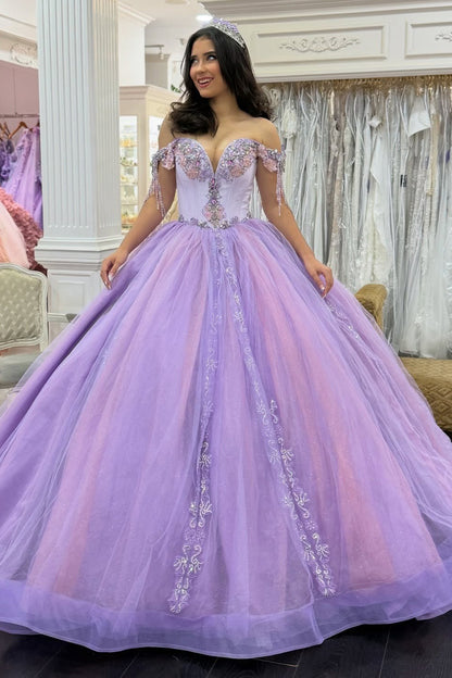 Off Shoulder Tulle Appliqued Beaded Lilac Quinceanera Dresses for Sweet 16 HE1016