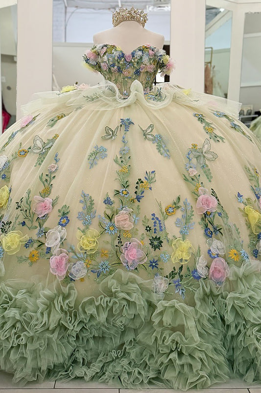 Luxury Tulle 3D Flower Green Quinceanera Dresses Sweet 16 Birthday Party Dresses with Ruffled HE1052