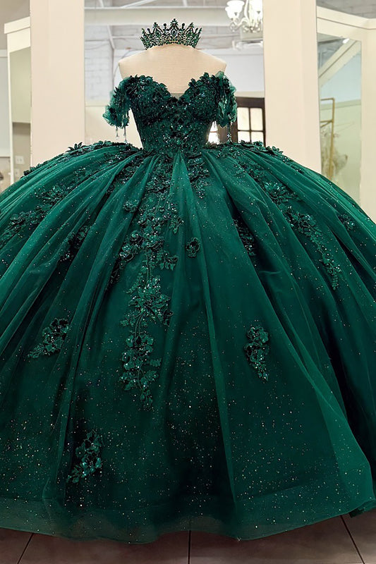 Emerald Green Tulle Appliqued Off Shoulder Quinceanera Dresses for Sweet 16 Party HE967