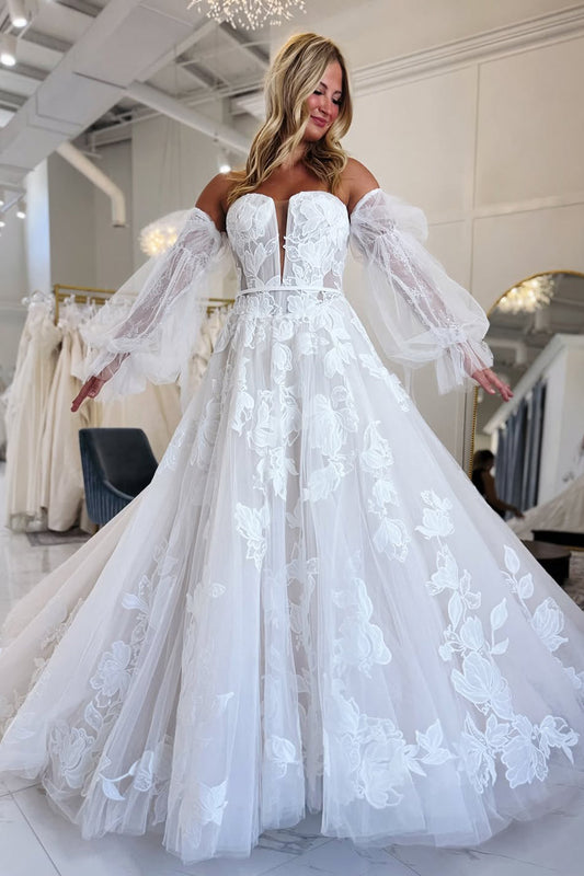 Sweetheart A Line Tulle Lace Appliqued Boho Wedding Dresses for Bride HE793