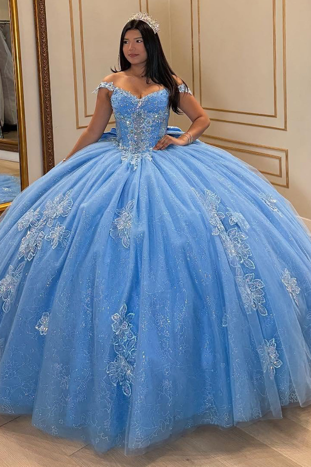 Off Shoulder Glittery Tulle Appliqued Blue Quinceanera Dresses for Sweet 16 HE1069