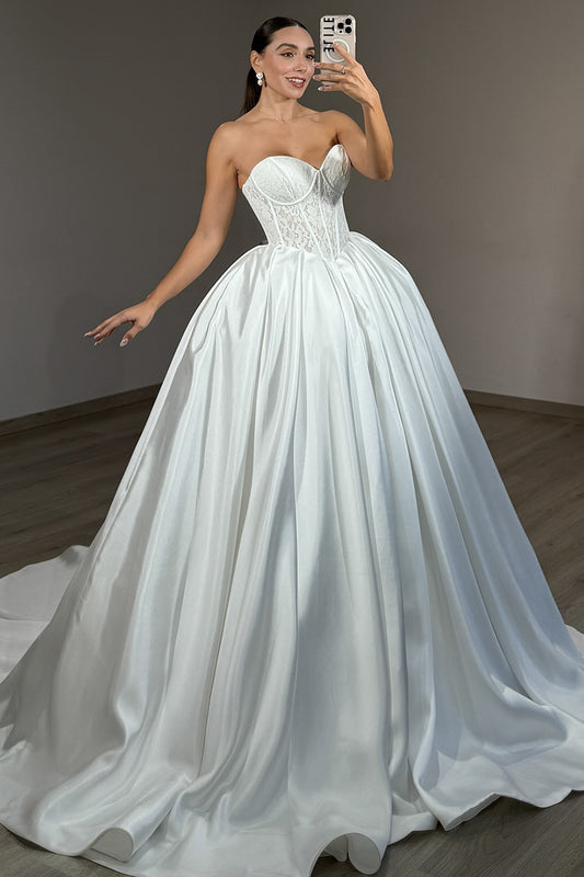 A Line Sweetheart Simple Satin Corset Wedding Dresses Women's Strapless Wedding Gowns HE1061