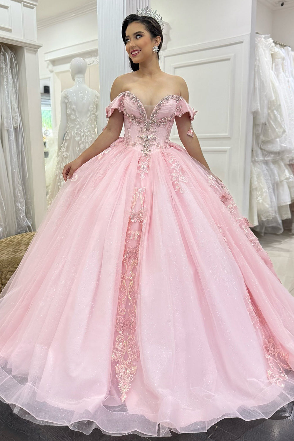 Ball Gown Tulle Lace Appliqued Pink Quinceanera Dresses Sweet 16 Birthday Party Gowns HE1049