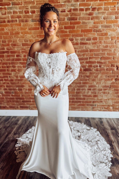 Mermaid Satin Lace Appliqued Beach Wedding Dresses Strapless Corset Bridal Gowns HE1125