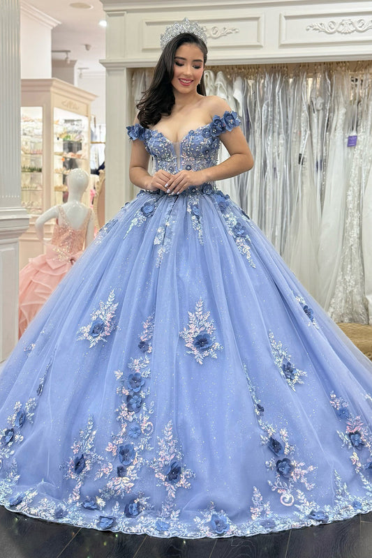 Off Shoulder Tulle 3D Flower Appliqued Quinceanera Dresses for Sweet 16 Birthday HE1011