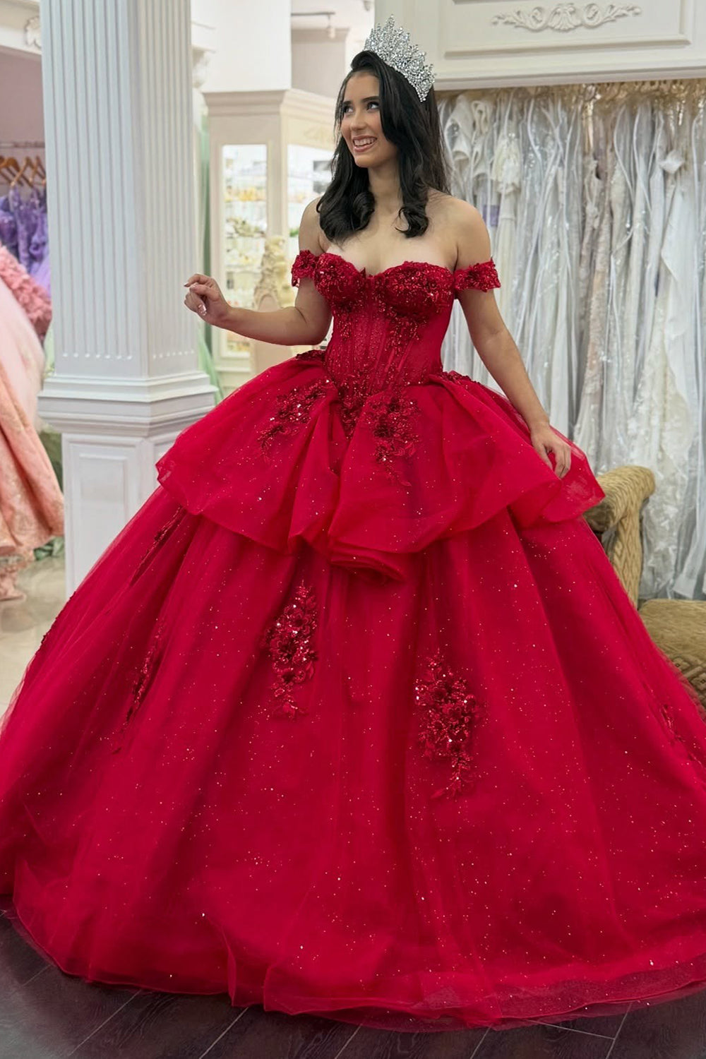 Off Shoulder Tulle Lace Beaded Sweet 16 Red Quinceanera Dresses for Birthday Party HE1008