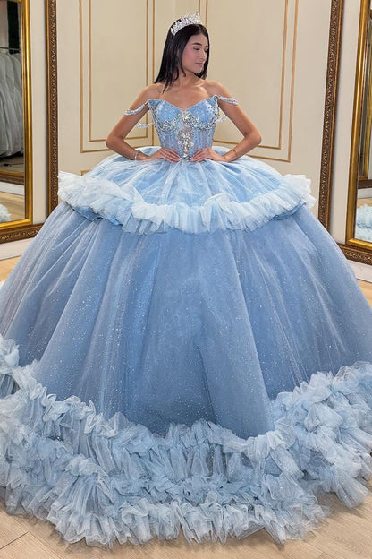 Off Shoulder Tulle Ruffles Blue Quinceanera Dresses Sweet 16 Princess Birthday Gowns HE1067