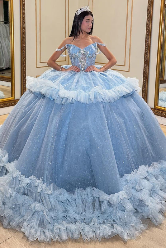Off Shoulder Tulle Ruffles Blue Quinceanera Dresses Sweet 16 Princess Birthday Gowns HE1067