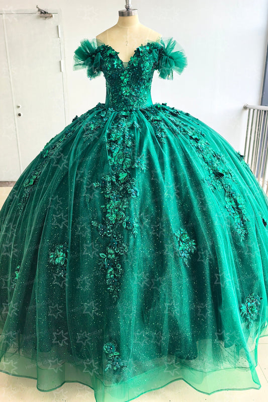 Luxury Tulle 3d Flower Green Quinceanera Dresses Sweet 15 Off Shoulder Party Gown HE1444