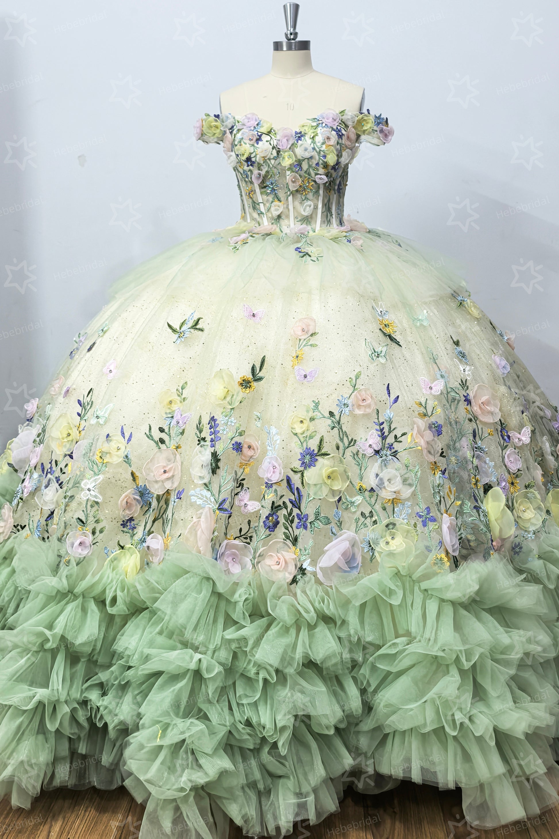 Gorgeous 3d Flower Green Quinceanera Dresses Tulle Ruffled Sweet 16 Pa