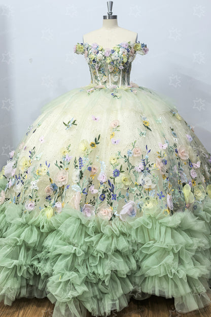 Vestidos de quinceañera con hombros descubiertos, tul princesa, apliques, vestidos de quinceañera HE530