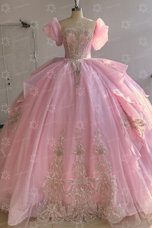 Glittery Tulle Pink Quinceanera Dresses Luxury Crystal Princess Sweet 15 Birthday Party Gown HE1443