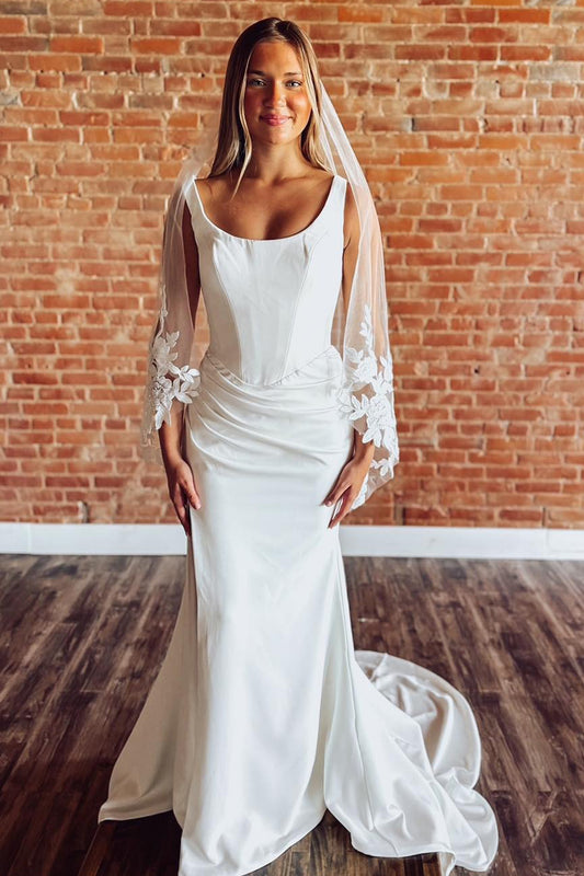 White Satin Mermaid Wedding Dresses Square Neck Corset Wedding Gowns for Bride HE1123