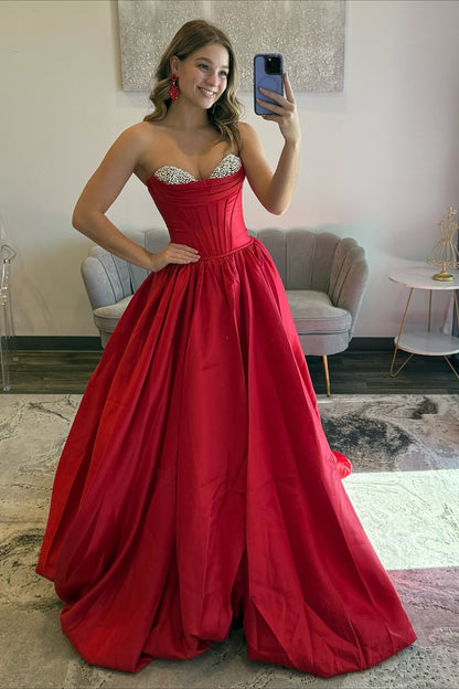 corset red prom dresses Sweetheart Corset Satin Beaded Prom Dresses Long A Line Strapless Part – Hebebridal