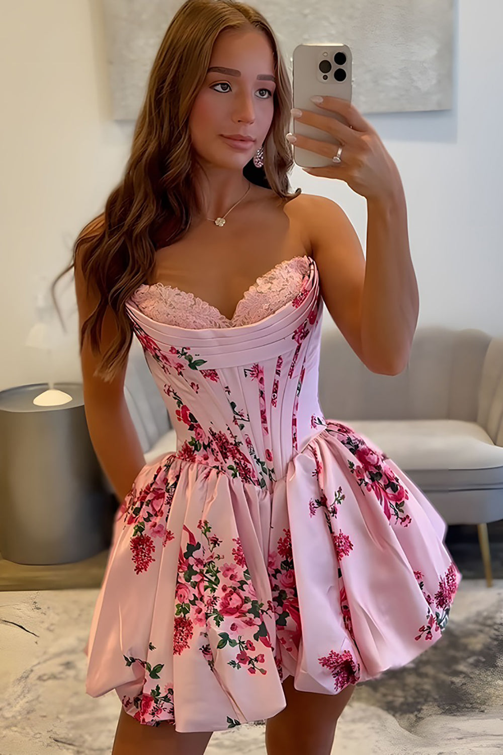 Pink A Line Floral Short Corset Sweetheart Homecoming Dresses with Appliques HE849