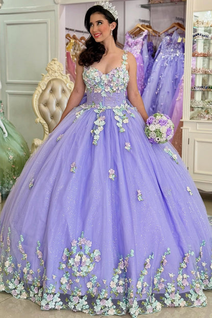 Ball Gown Tulle 3D Flower Appliqued Lilac Quinceanera Dresses Sweet 16 Birthday Party Gown HE1044