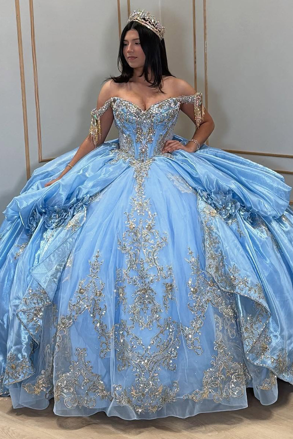 Princess Ball Gown Tulle Lace Beaded Sweet 16 Blue Quinceanera Dresses – Hebebridal
