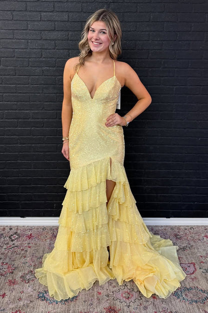 Women's Glittery Sequin Beaded Mermaid Prom Dresses Long V Neck Party Gowns with Ruffles HE1037