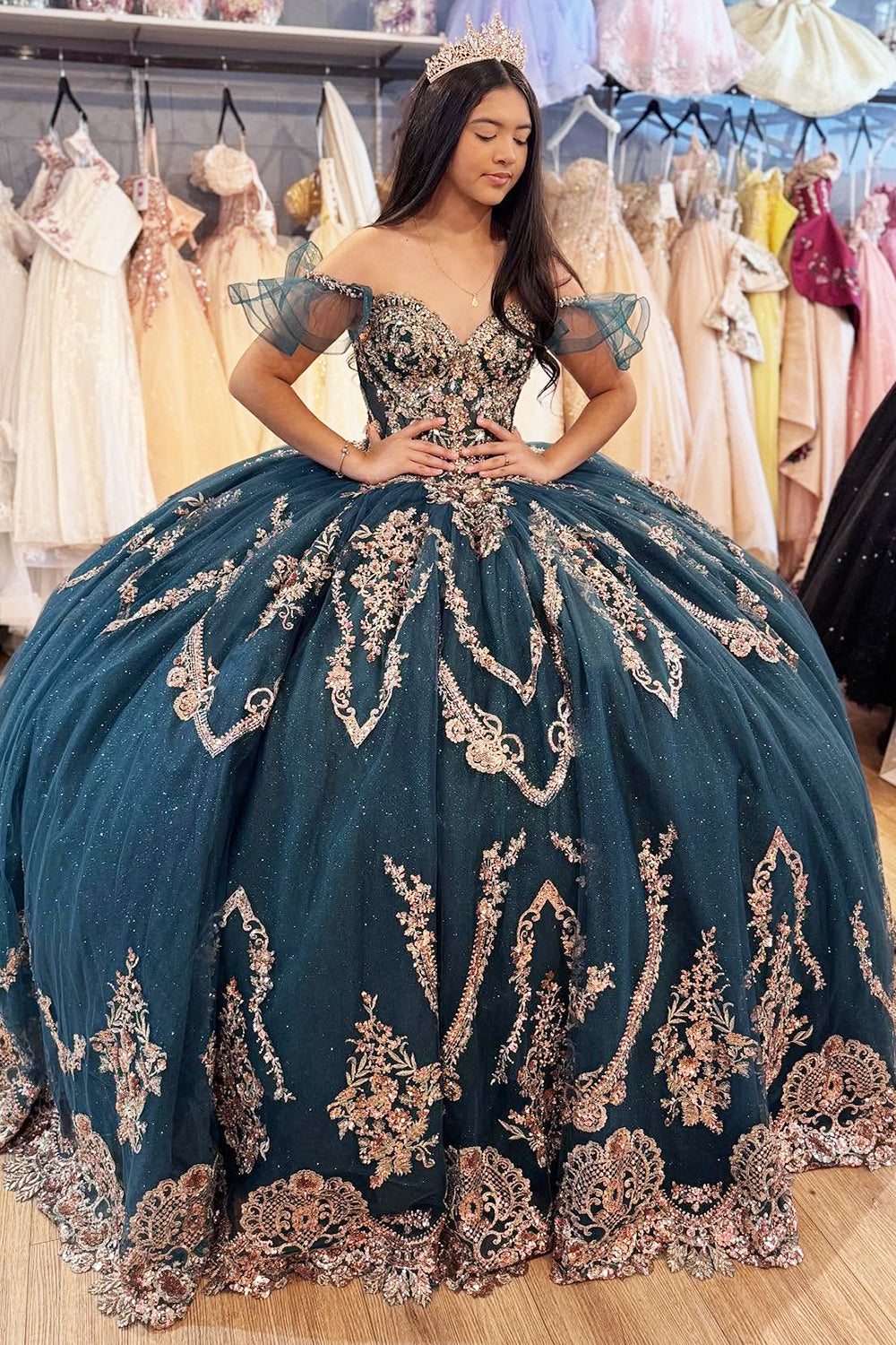 Off Shoulder Princess Tulle Appliqued Beaded Quinceanera Dresses for Sweet 16 Party HE959