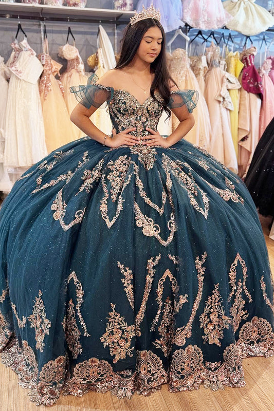 Off Shoulder Princess Tulle Appliqued Beaded Quinceanera Dresses for Sweet 16 Party HE959
