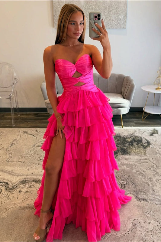 Sweetheart A Line Chiffon Ruffled Prom Dresses Strapless Keyhole Evening Gowns for Women HE1098