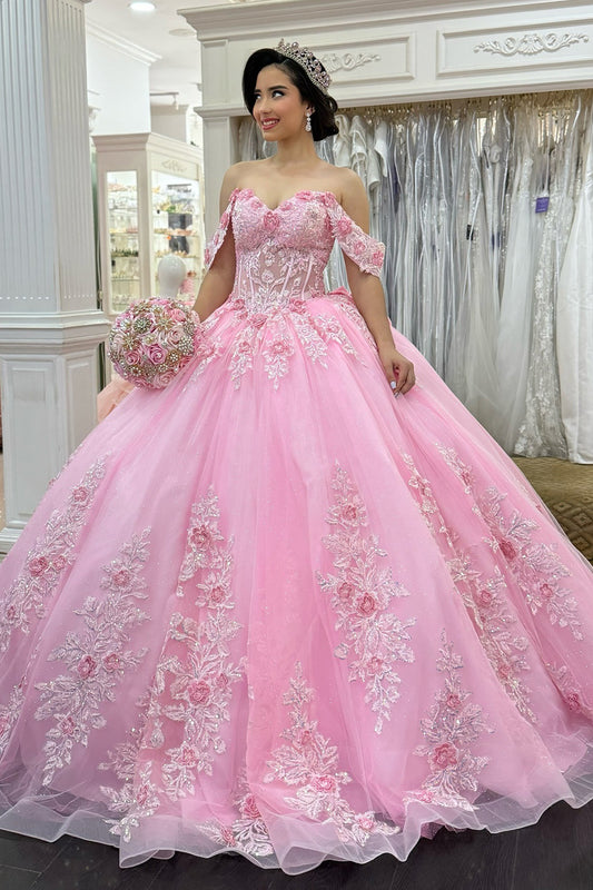Tulle Lace Appliqued Sweet 16 Pink Quinceanera Dresses Off Shoulder Birthday Party Gowns HE1012