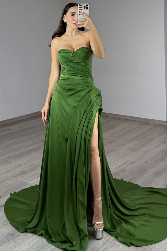 Mermaid Satin Corset Pleated Prom Dresses Long Sweetheart Evening Party Gowns with Slit HE1038