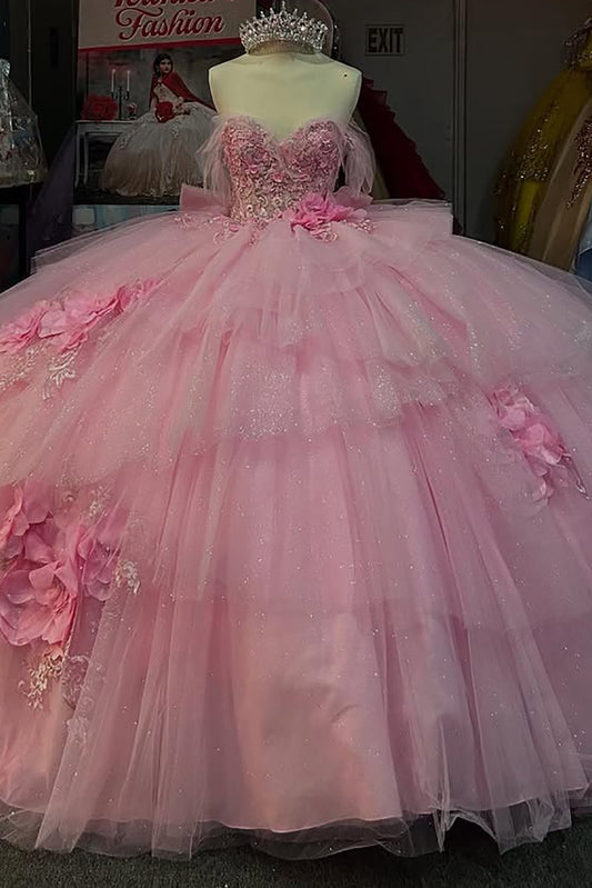 Off Shoulder Princess Tulle 3d Flowers Pink Quinceanera Dresses for Sweet 16 HE808