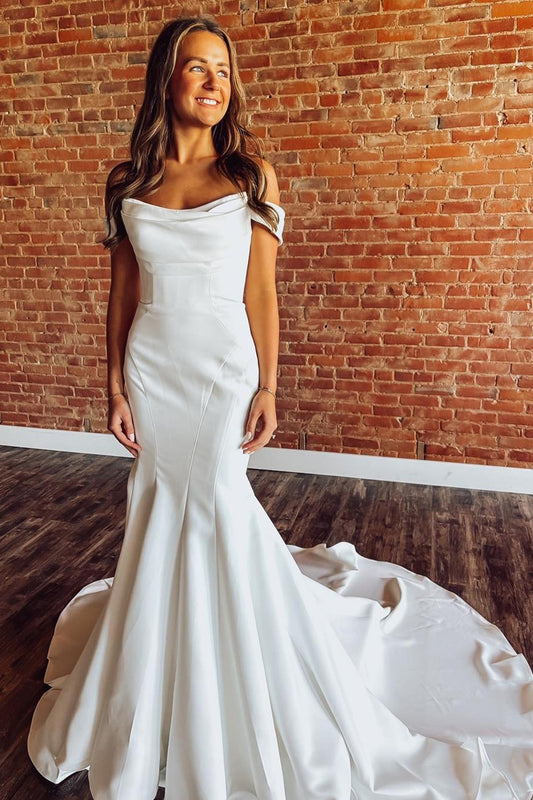 Mermaid Satin White Wedding Dresses Off Shoulder Plus Size Bridal Wedding Gowns HE1104