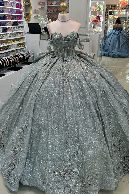 Glittery Tulle Beaded Corset Off Shoulder Quinceanera Dresses for Sweet 16 Party HE966