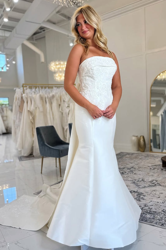 Mermaid White Satin Appliqued Strapless Bride Wedding Dresses with Bow Train HE807