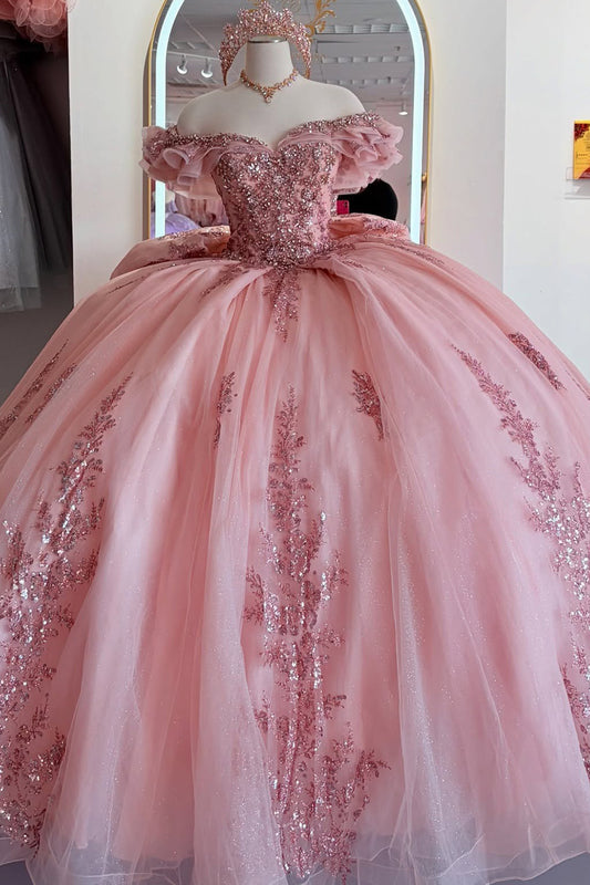 Gorgeous Princess Ball Gown Pink Quinceanera Dresses Tulle Appliqued Sweet 16 Party Gowns HE1051