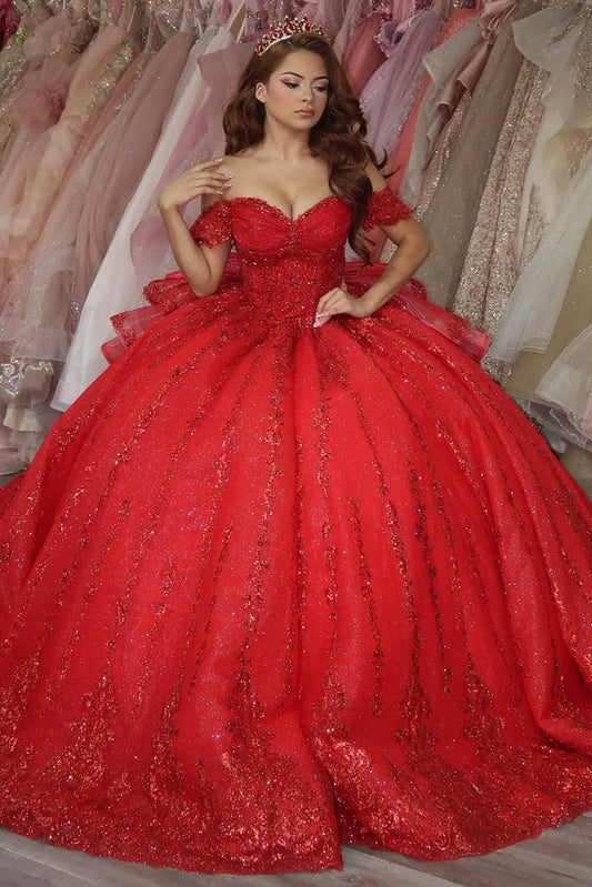 Princess Off Shoulder Glittery Tulle Sequin Beaded Quinceanera Dresses HE899