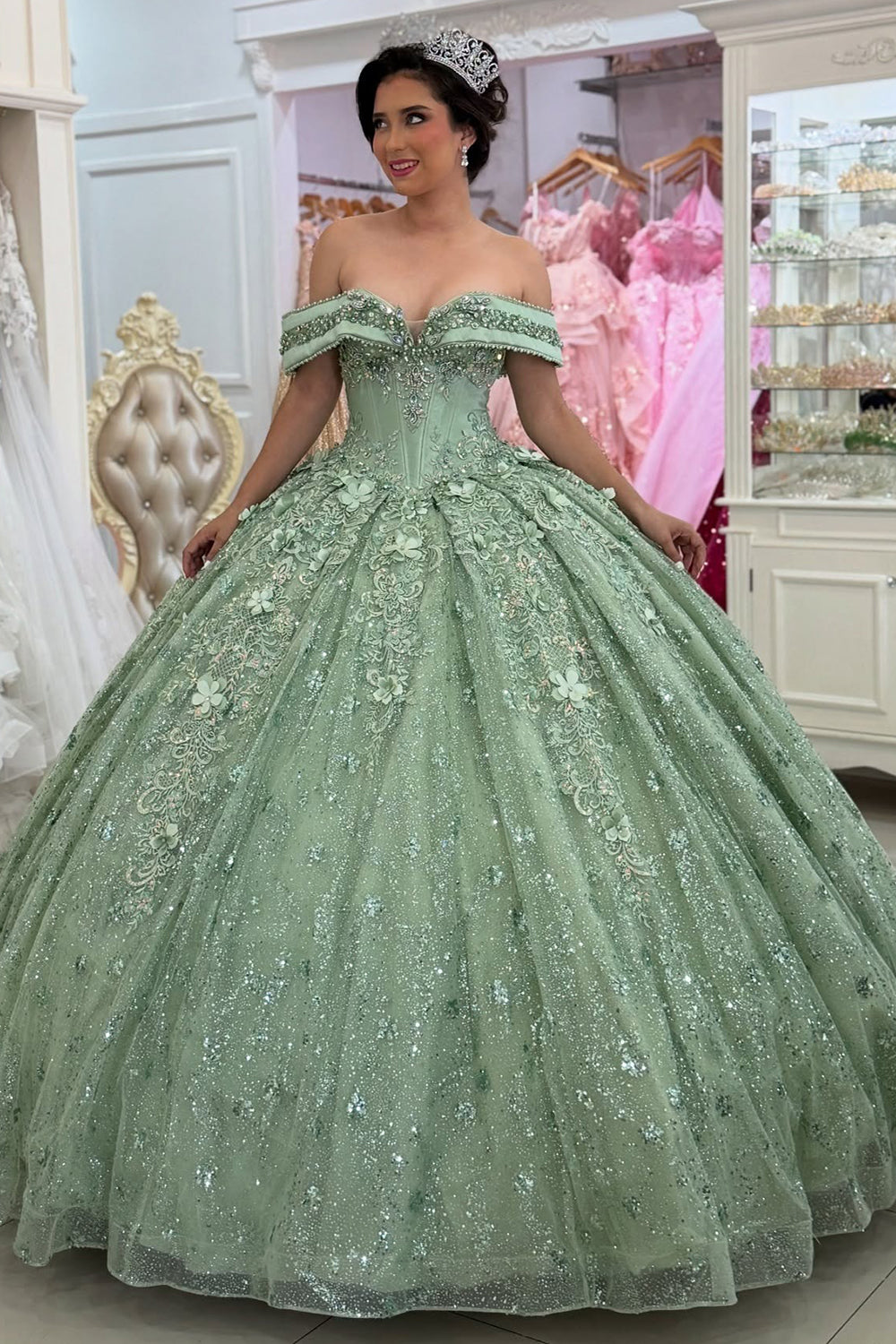 Glittery Tulle Crystal Beaded Princess Sage Quinceanera Dresses for Sw