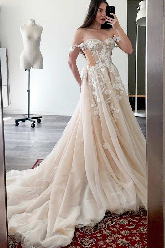 Off Shoulder A Line Champagne Wedding Gowns Tulle Boho Wedding Dress for Bride HE1107