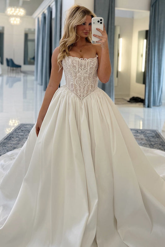 Strapless A Line Satin Wedding Dresses Sweetheart Corset Lace Bridal Wedding Gowns HE1102